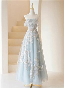 Picture of Light Blue Formal Dress Fairy,Long Blue Tulle Floral Appliques Formal Dress